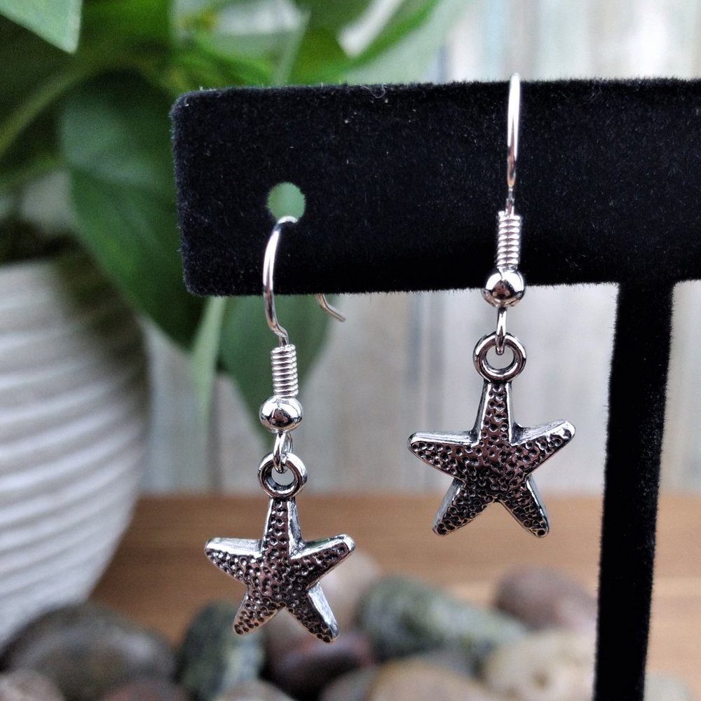 Starfish Charm Silver Tone Hook Earrings - Picture 2 of 2